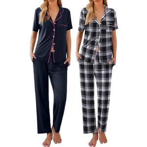 Ekouaer 2 PackWomens Pajamas Short Sleeve Pjs Notch Collar Button Up Loungewear Cozy Sleepwear Sets (Black, XXL)