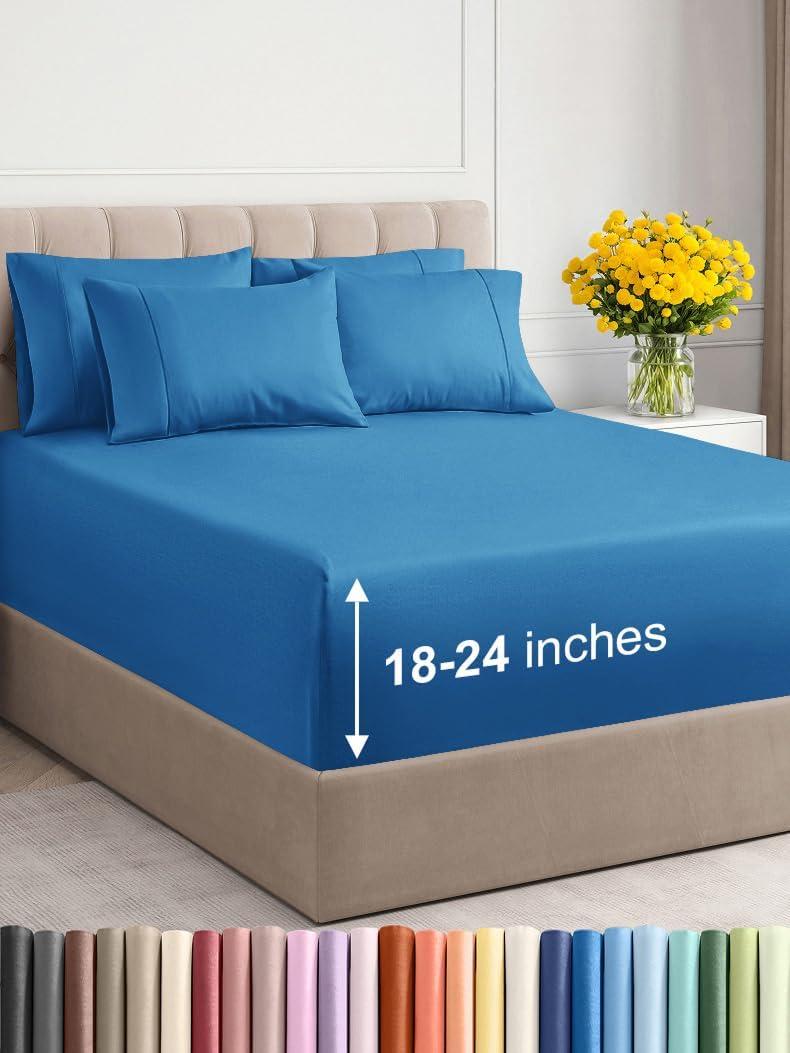 Extra Deep Cal King Sheet Set - 6 Piece Breathable & Cooling Sheets - Hotel Luxury Bedding Set w/18-24 Inch Extra Deep Pockets - Easy Fit - Super Soft, Wrinkle Free & Comfy - Denim Blue, Cal King Size