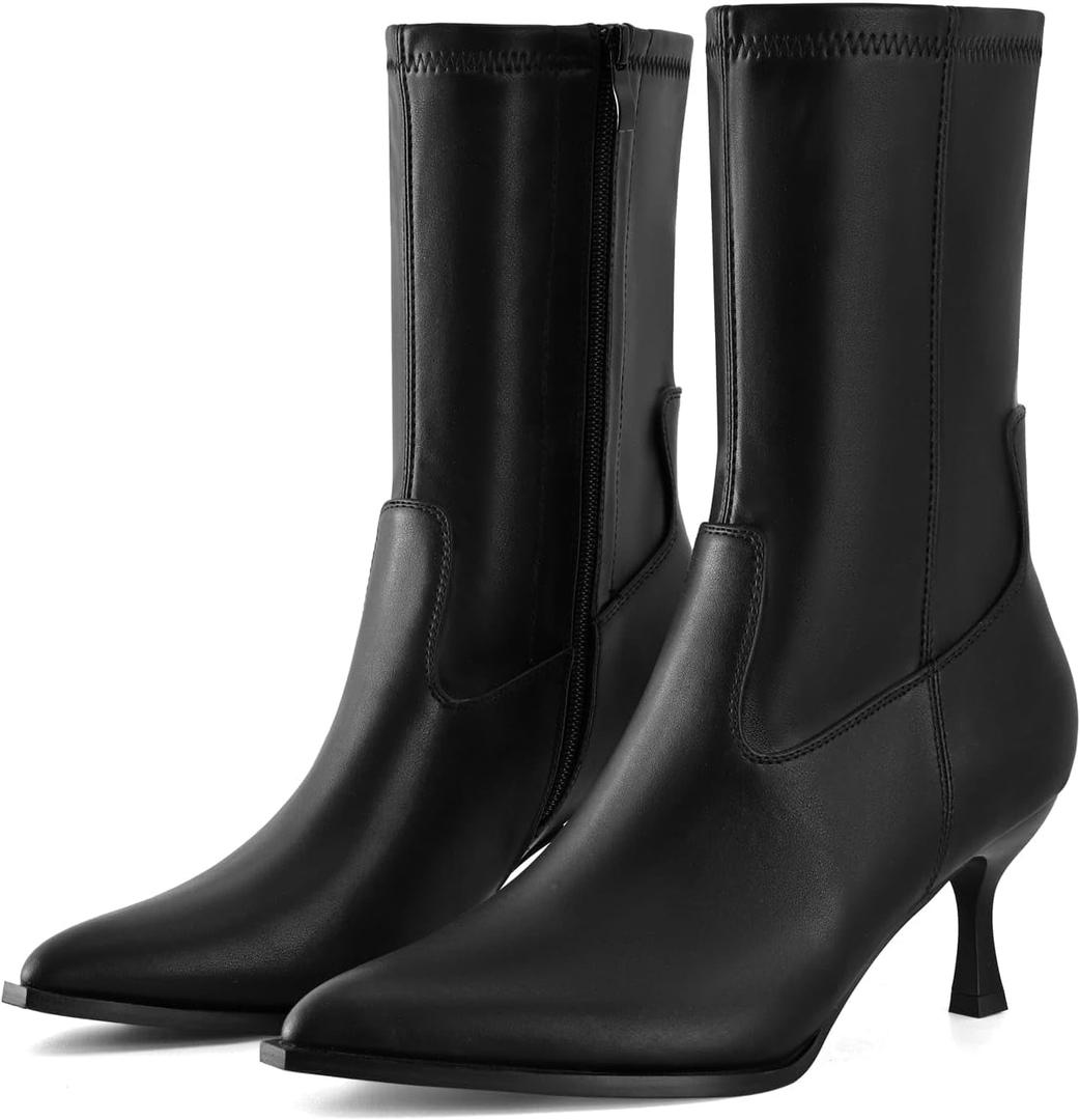 Kitten Heel Ankle Boots for Women Pointed Toe Stacked Stiletto Booties with Side Zipper Mid Calf Short Fashion Dress Boots (8.5, Black Pu)