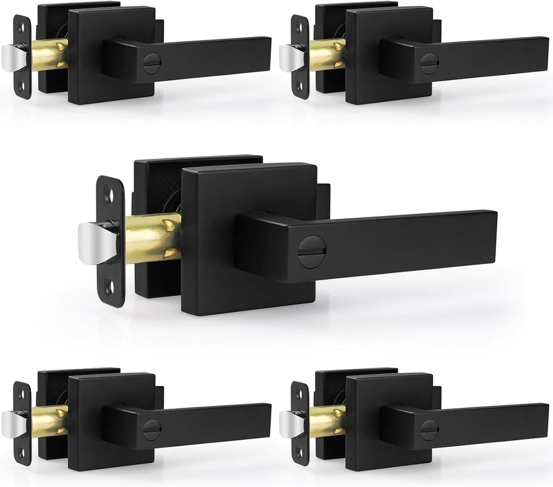 Estmoon 5 Pack Matte Black Door Handles Interior Door Knobs, Keyless Privacy Bedroom Door Lock, Heavy Duty Zinc Alloy Home Improvement Door Leverset for Bedrooms Bathrooms