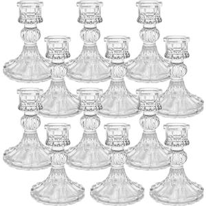 12 Pack Glass Candlestick Holders- Clear Taper Stripe Candle Holders for Candlesticks, 4" H Taper Candle Holders Small Centerpiece for Wedding, Festival, Party & Windowsill Decor
