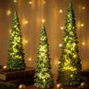 Flutesan 3 Pcs Green Christmas Tree Figurines with Lights 11" /9" Tabletop Glittered Resin Village Pine Figurine Light Up Battery Operated Centerpieces Winter Holiday Decor for Table Mantel Home
