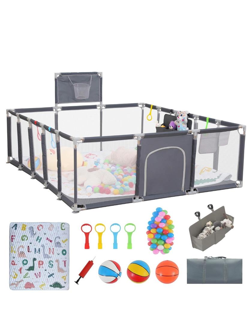 Baby playpen, 79"x71"Baby Playpen with Mat IndoorOutdoor Playpen for Babies and Toddlers with Breathable Play Pen with Ocean Balls Hanging Pocket Basketball Hoop (Gray)