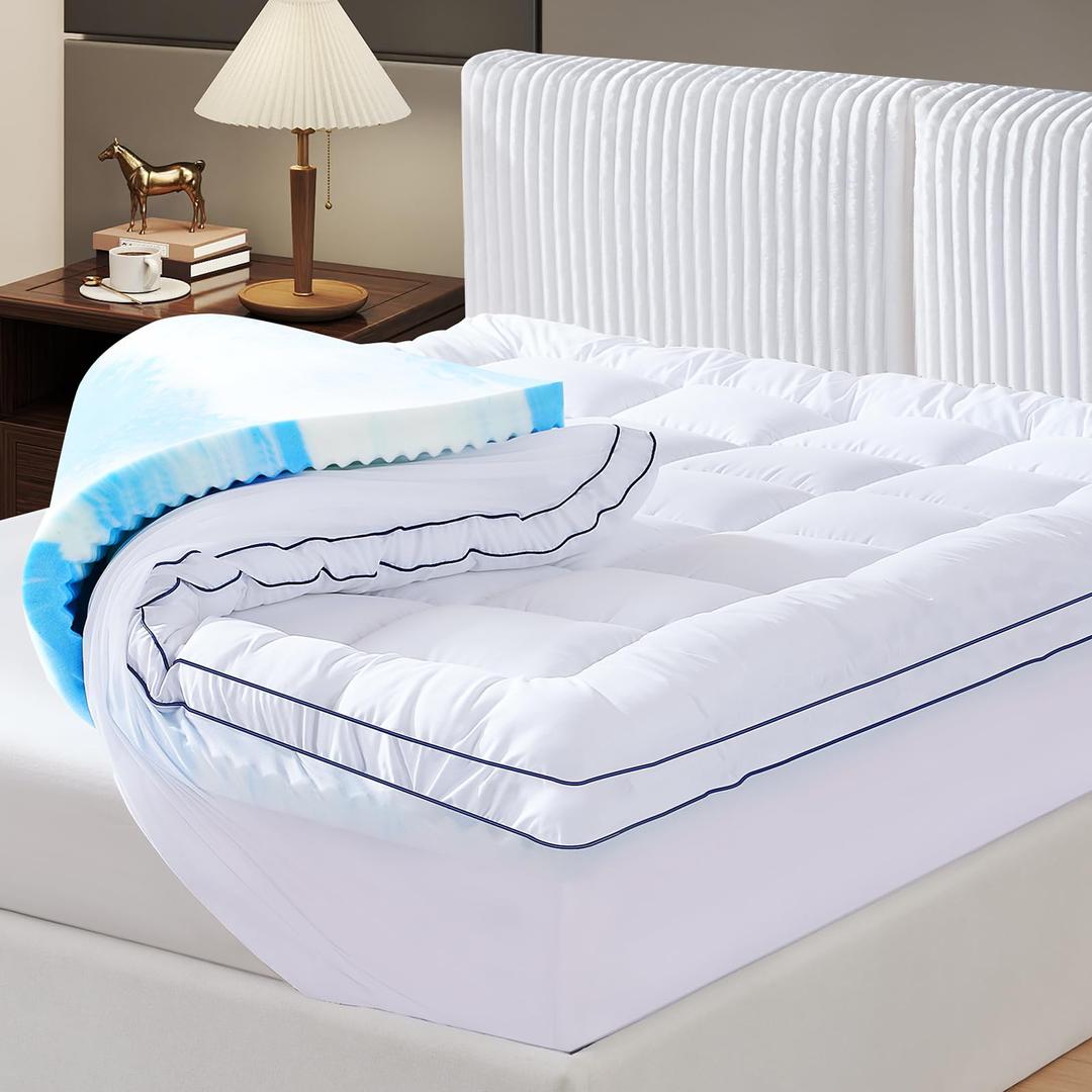 NicePlus Dual Layer 4 Inch Memory Foam Mattress Topper, 2 Inch Fluffy Soft Pillow Top Mattress Pad Cover and 2 Inch Gel Memory Foam for Back Pain Relief, Breathable, Cooling (Queen)