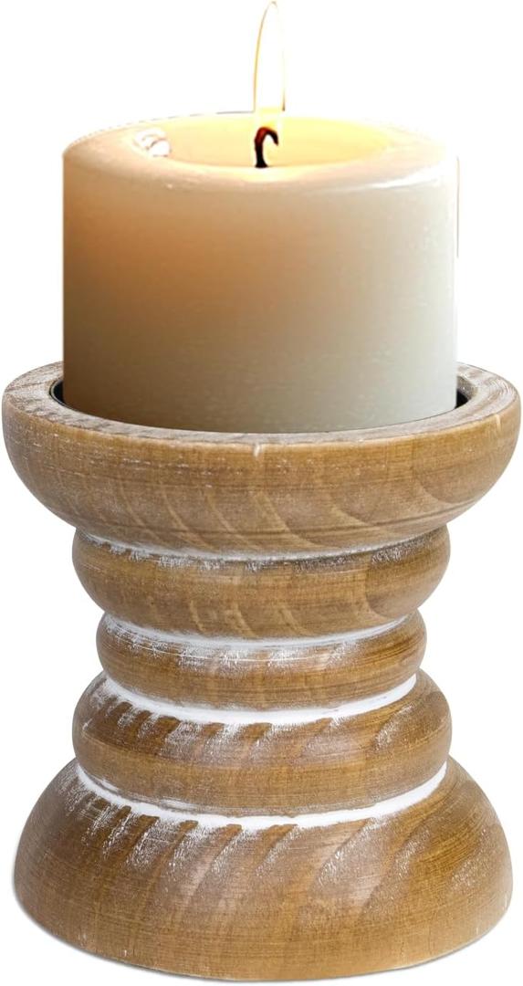 Pillar Candle Holder, Farmhouse Wood Candle Holder, Rustic Wooden Candle Stand, Vintage Small Wooden Candlestick Holders for Living Room, Table Centerpiece, Brown