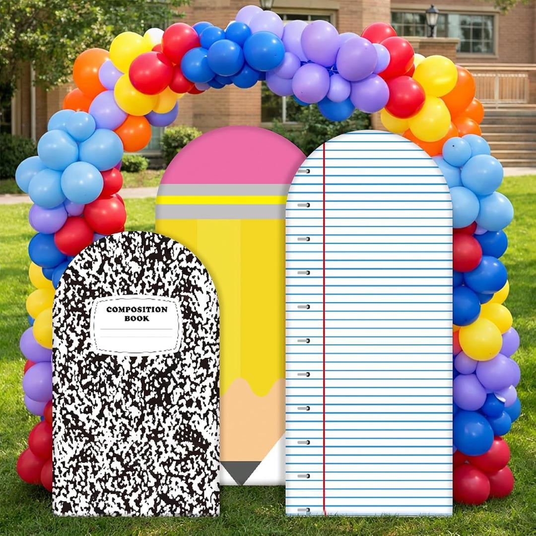 3 Pack Back to School Decoration Arch Backdrop Cover 6.6ft 6ft 4.9ft Composition Notebook Paper Pencil Fitted Round Top Backdrop Stand Cover for First Day of School Classroom Decor, 6.7ft x 2.6ft, 6ft x 2.6ft, 5ft x 2.6ft