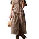 SAFRISIOR Women Button Front Pleated Shirt Dress Brown Summer Striped Short Sleeve Lapel V Neck Corset Maxi Dress Size L