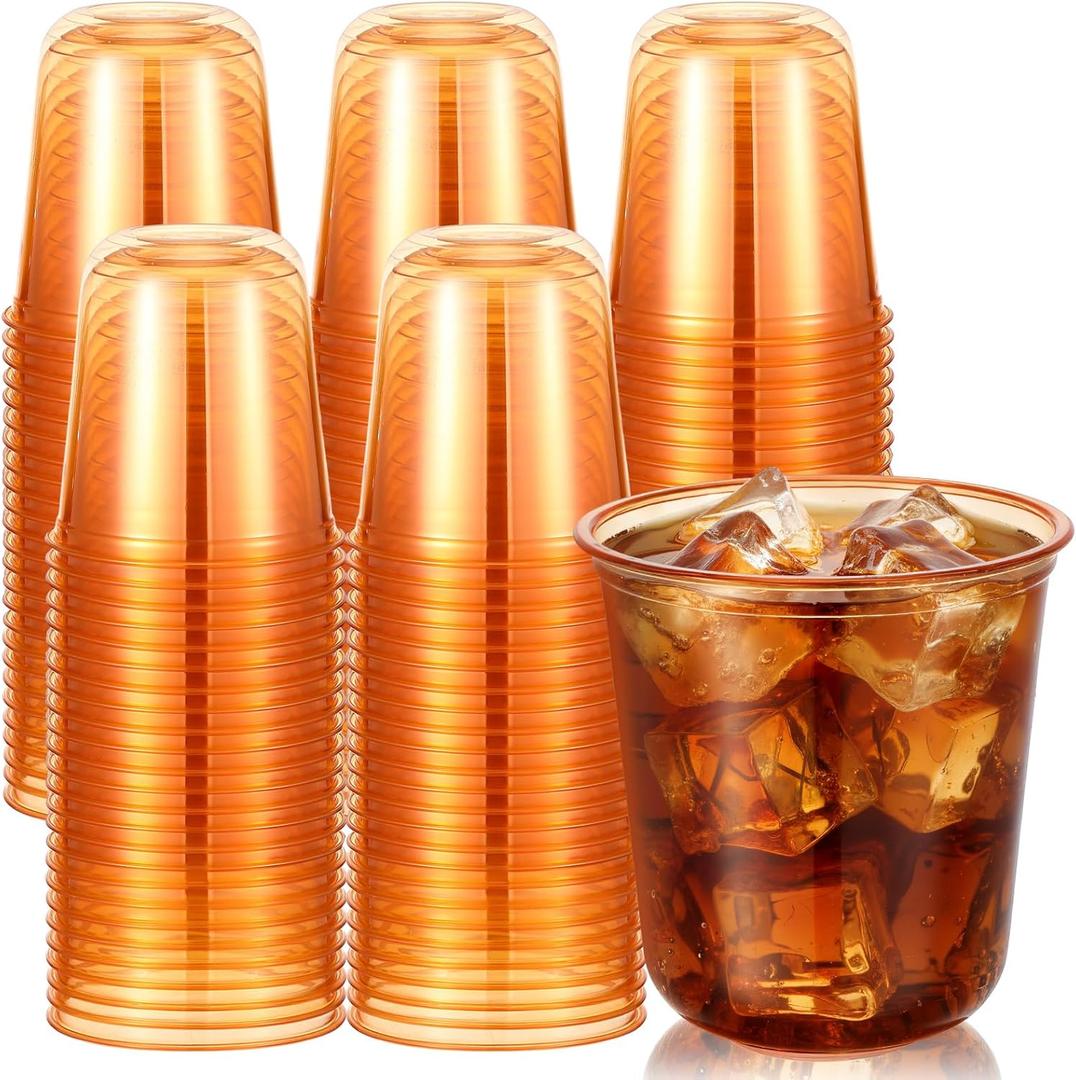 100 Pcs Disposable Stemless Glasses Crystal Plastic Wine Glasses Clear Classic PET Drinking Cup for Meeting Weddings Birthday Cocktail Christmas Party Supplies (Orange, 12oz)