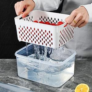 Drain Fridge Organizers and Storage, Large Transparent Bpa Free Dishwasher Safe Lettuce Keeper Fruit Washing Bowl with Strainer for Vegetable Salad Berry (3300ML)