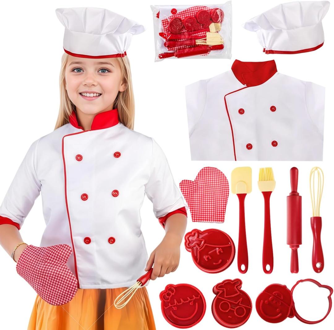 Noamus 11 Pcs Kid Chef Role Play Costume Set, Pretend Chef Outfit with Realistic Accessories, Kitchen Toys Kid Cooking Dress-Up Set, Chef Supplies Role Play Gifts for Boy Girl Ages 3+, Halloween