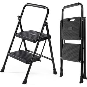 DUMOS Step Ladder, 2 Sturdy Step Stool with Anti-Slip Pedal & Comfortable Handrail, Portable Heavy Duty Step Stool for Kitchen, Garage & Outdoor Use, 800lbs, Black