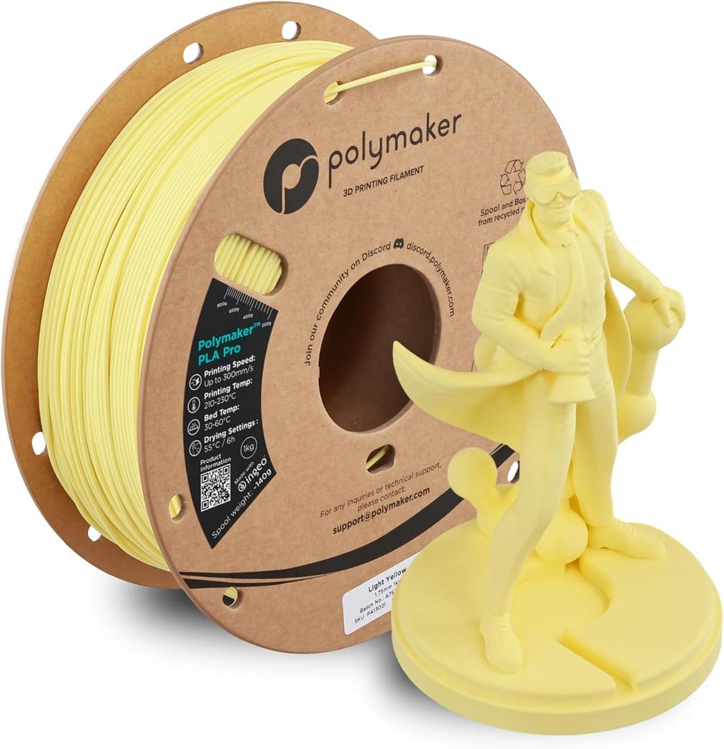 Polymaker PLA Pro 3D Printing Filament Light Yellow 1.75mm 1KG, High-Impact Tough PLA, Fast Printing up to 300mm/s, High Speed New Formula, Easy to Print on Most FDM Printers, No Enclosure Required