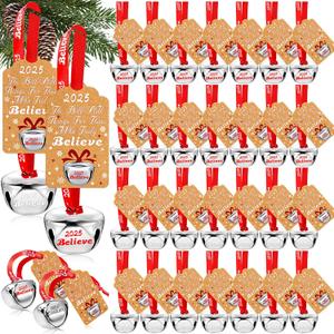 30 Sets Christmas Bells Decor Christmas Believe Bell Ornaments Bulk Polar Express Bell Decorations Xmas Party Gifts Favors Tags Silver Sleigh Jingle Bells for Christmas Tree Decoration(1.6 Inch)