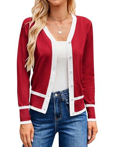 GRACE KARIN Red Cardigan Sweater for Women Lightweight Open Front Spring Cardigan Sweaters for Women (Red White,S)