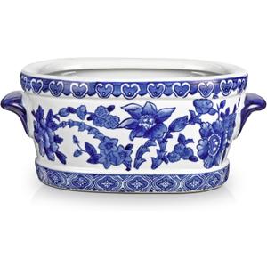 Blue and White Ceramic Planter Pot  Vintage Floral Oval Cachepot Vase for Indoor Plants, Flowers & Succulents  Glazed Chinese Porcelain Style Decorative Bowl  7.4" Size  No Drainage