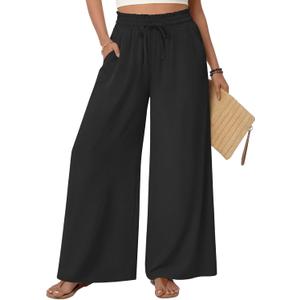 Netsmile Women's Wide Leg Palazzo Pants Dressy Flowy Casual High Waist Drawstring Beach Boho Trousers with Pockets