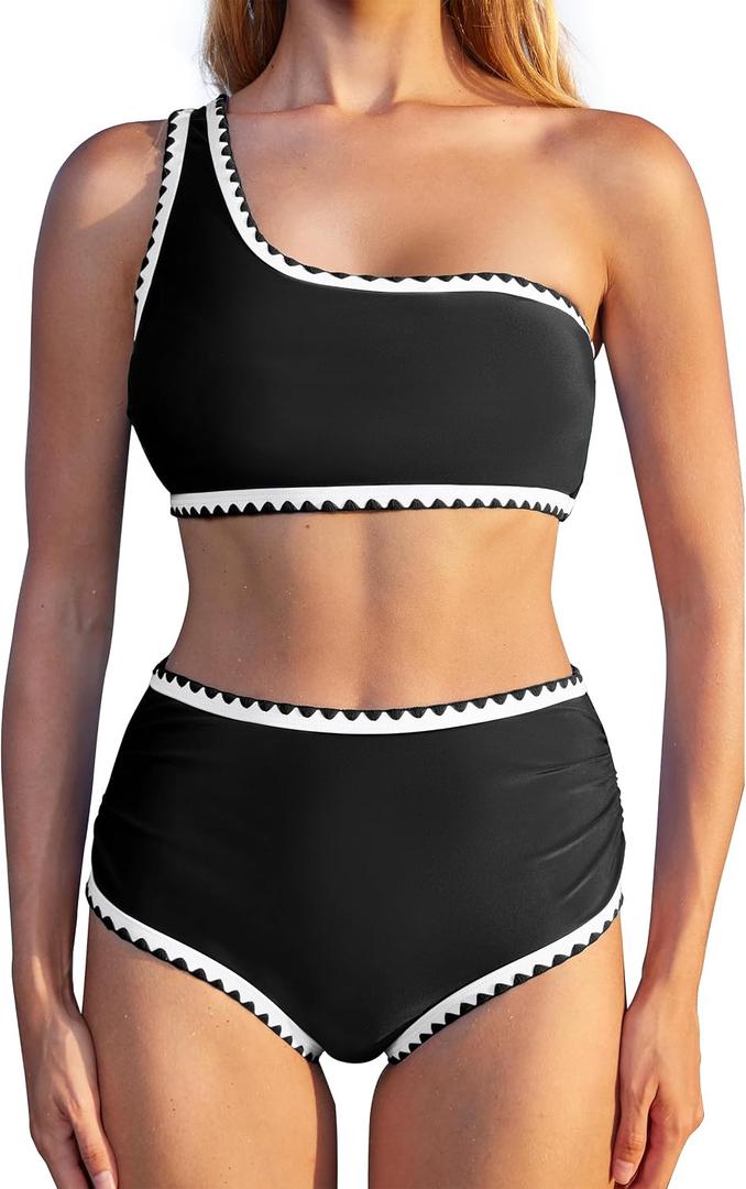 MOOSLOVER Women Whip Stitch Bikini Sets One Shoulder High Waisted 2 Piece Swimsuit Summer Beach Swim Bathing Suits (Black, M)