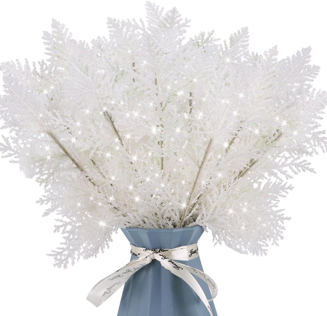 20Pcs Christmas Tree Picks Sprays 10.4" Glitter Artificial Pine Needles Branches Twigs Fake Pine Stems Picks for Xmas Tree Holiday Arrangement Crafts DIY Garland Wreath Home Decor (20, White)