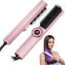 Hair Straightener Brush: Upgraded Straightening Comb for Women with Dual Voltage, Pink