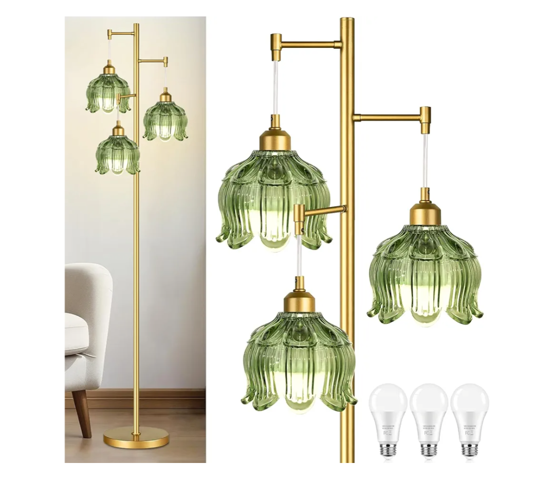 Vintage Floor Lamps for Living Room Bedroom-3 Light Glass Floor Lamp with Three Led Bulb, Flower Tall Floor Lamp Gold Mid Century Modern Standing Lamp Tree Floor Lamps for Living Room Bedroom Corner