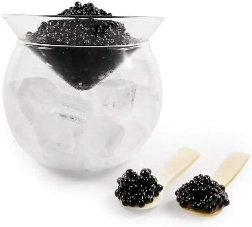 ThougrLyh Caviar Server Set Glass Caviar Dish with 2 Pcs Shell Caviar Spoons Chiller Server with Ice Holder for Shrimp Ice Cream Martinis and Cocktails Dishwasher Safe Caviar Serving Dish
