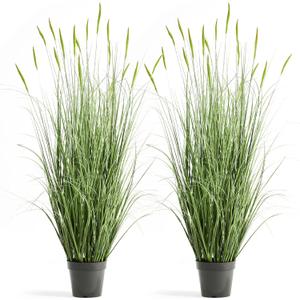 Faux 4ft 2-Pack Horsetail Reed Grass with Green Spikes, 48in Tall Indoor Outdoor Fake Grass in Pot, Home Office Decorative Artificial Plant & Greenery, Wedding Decor Bristlegrass