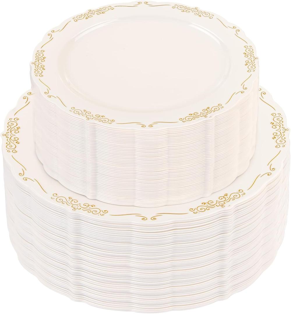 U-QE 100 PCS Ivory Plastic Plates with Gold Rim - Gold Plastic Plates for Party - Heavy Duty Disposable Use Including 50 10 '' & 50 7.5 ''