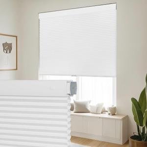 SEEYE No Drill Cordless Cellular Shades, Light Filtering Honeycomb Blinds for Indoor Window, Thermal Insulated Noise Reduction, Easy Install for Bedroom, Living Room, Office, White (42" W x 64" H)