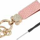 HARFINGTON Car Key Chain Ring Clip 4.45 Inch Leather Key Fob Wristlet Keychain with Anti-Lost D Ring & Keyrings Fit Women Men for Home Car, Pink Gold