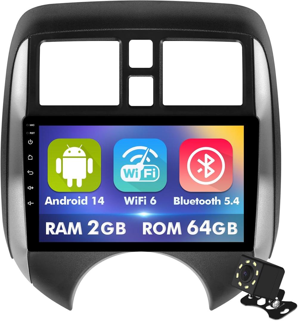 9 Inch IPS Touchscreen Android 14 Car Stereo for Nissan Versa Note 2014-2018 with Wireless CarPlay & Android Auto 2+64GB Car Radio, Support WiFi 6, Bluetooth,5.4, Backup Camera, SWC