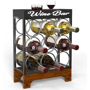9 Bottle Wine Racks countertop with Top Tray, Freestanding 3-Tier Tabletop Wine Bottle Holder Stand, Modern Metal & Wood Wine Storage for Kitchen Counter, Bar, Cabinet or Pantry