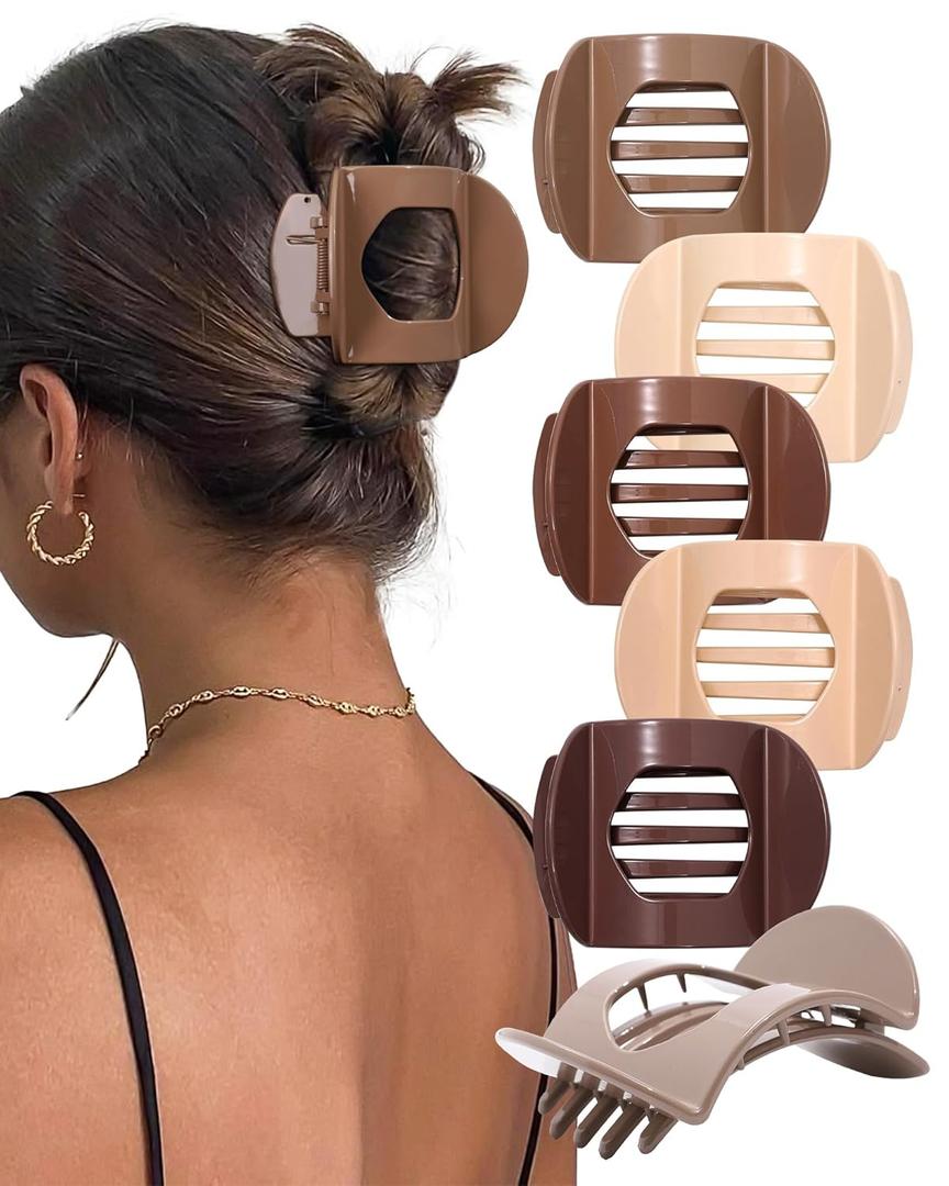 6 PCS Flat Hair Clips for Women Medium Non-slip Flat Claw Clip Strong Grip Hair Claw Clips Hair Barrettes for Thin Hair (Light Brown+Dark Brown+Light Brown+Dark Brown+Off-White+Chestnut)