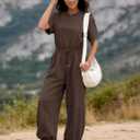Flygo One Piece Jumpsuits for Women Crewneck Short Sleeve Casual Wide Leg Long Pants Drawstring Rompers Outfits with Pockets, Small