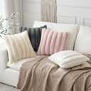 EMEMA Pack of 2 Faux Fur Throw Pillow Covers 18x18 Inch Luxury Soft Fluffy Striped Decorative Pillow Covers with Velvet Back for Home Decor Living Room Sofa Couch Beige