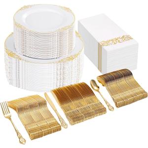 Ciaell 300PCS White and Gold Plastic Plates - Gold Disposable Dinnerware Sets for 50 Guests - 100 Plates, 50 Knives, 50 Forks, 50 Spoons, and 50 Napkins for Wedding, Anniversary, Party