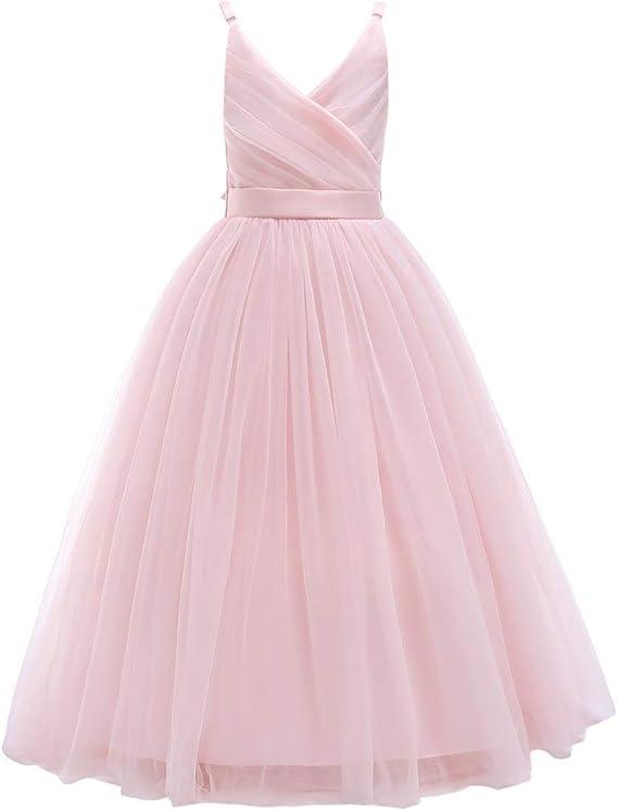 Glamulice Flower Girls Spaghetti Strap Tulle Dress Long A Line Wedding Pageant Dresses Princess Birthday Party Ball Gown, Size -160