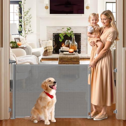 No Drill Retractable Dog Gates for Doorways No Drilling Mesh Baby Gate No Drilling Retractable Baby Gates for Dogs Indoor 65" Wide Retractable Pet Gate for Stairs No Drilling Retractable Outdoor Gate