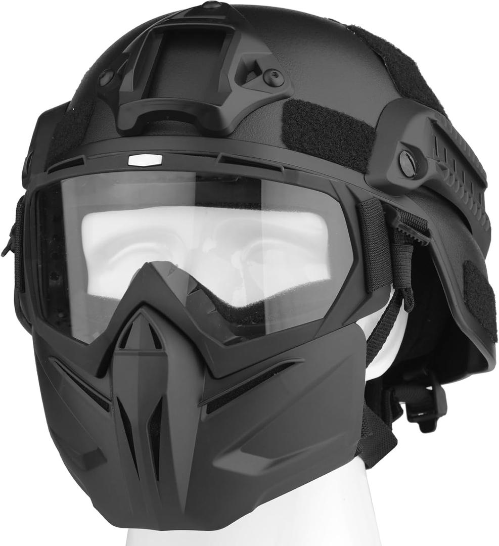 Airsoft Helmet and Mask, Full Face Mask with Detachable Goggles, Paintball Black Helmet with NVG Mount and Side Rail, Military Tactical Gear (22.6 - 24.2 in, 4MICH-DH-Clear)
