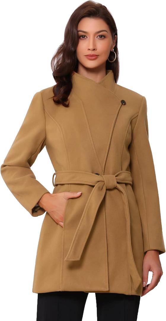 Allegra K Women's Classic Stand Collar Outwear Overcoat Long Sleeve Winter Belted Pea Coat M