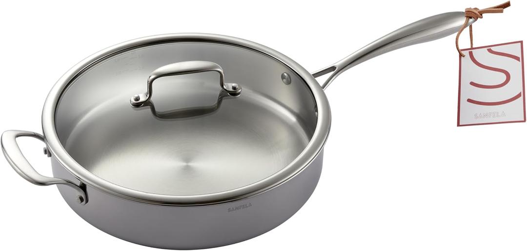 12 Inch/ 4.5 QT 5-Ply Stainless Steel Saute Pan with Glass Lid
