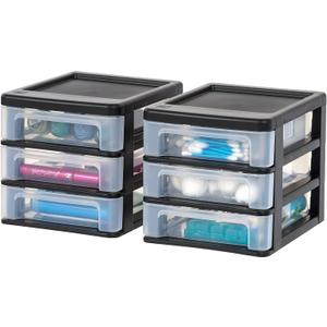 IRIS USA Plastic Stacking Desk Top 3-Drawer Storage Organizer, 2-Pack, for Makeup Vanity Nail Polish Bathroom Stationery Art Craft Supplies Kitchen Office Garage and Small Organization, Small, Black