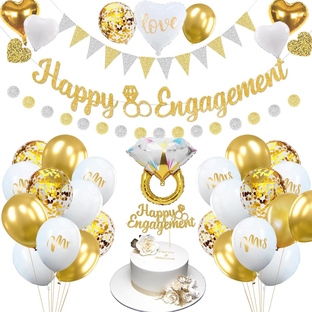 Engagement Party Decorations Gold and White Banner Balloons Cake Toppers Mrs and Mr Balloons Decorations for Engagement Theme Party Wedding Bridal Party Decorations Supplies (Style 01)
