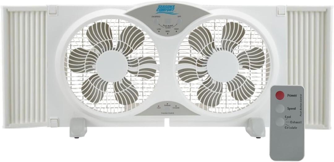 Seasons Comfort 9" Twin Window Fan, 3-Speed, Quiet Design, Portable, Remote Control, ETL Listed, Adjustable Extensions - Ideal for Home, Kitchen, Bedroom & Office, 12.99"H x 23.23"W x 6.5"D