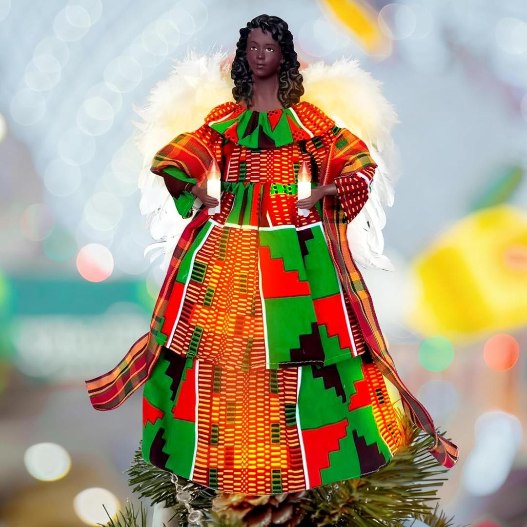 12 Inch Black History Month Kente African American Black Angel Tree Topper with Lights Standing Afrocentric Treetop Traditional African Kente Print for Kwanzaa African-American History Decorations