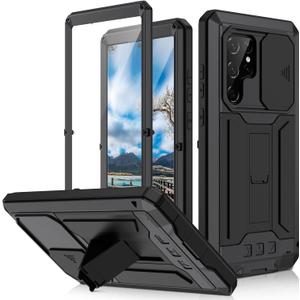Samsung Galaxy S22 5G 2022 Rugged case with Screen Protector Kickstand Camera Slide Cover for Samsung S22 Metal Military Sturdy Armour Shockproof Cover for Man Outdoor (S22, Black)