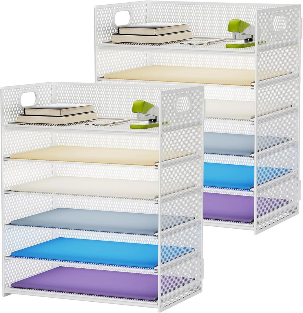 Marbrasse 2 Pack Desk Organizer with Handle, 6 Tier Paper Letter Tray, Mesh Desk File Organizer for Office, School and Home - White