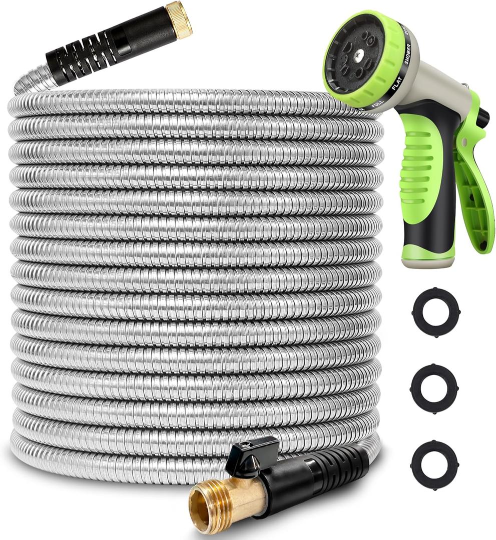 75FT Metal Garden Hose 304 Stainless Steel Flexible Water Hose - No Kink & Tangle Heavy Duty Pipe with Nozzle, Durable 3/4 Brass Fittings and Valve - Rust Proof Puncture Proof for Yard Lawn