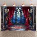 7x5ft Fabric Halloween Vampire Medieval Castle Backdrop Gothic Window Red Curtain Bats Photography Background Haunted House Party Decor Photo Props