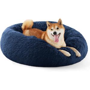 Bedsure Calming Dog Bed for Medium Dogs - Donut Washable Medium Pet Bed, 30 inches Anti-Slip Round Fluffy Plush Faux Fur Cat Bed, Fits up to 45 lbs Pets, Navy