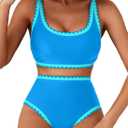 Herseas Women's Bikini Sets Floral Print Whip Stitch 2 Piece Swimsuits High Waisted Scoop Bathing Suits (Blue, M)